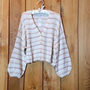 American Eagle Oversized Cropped Bell Sleeve Cardigan Medium, White Pink Stripes